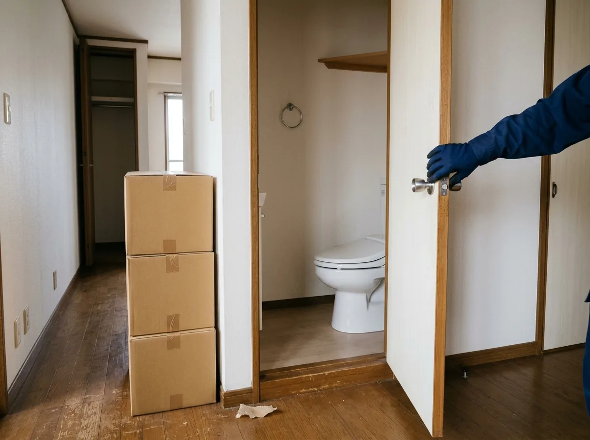 荷物を運び出したあとのトイレと、廊下に積んだ無地の段ボール箱