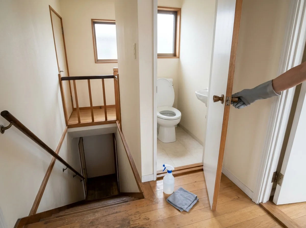 一戸建ての階段を上がりきった先にある、2階のトイレのドア