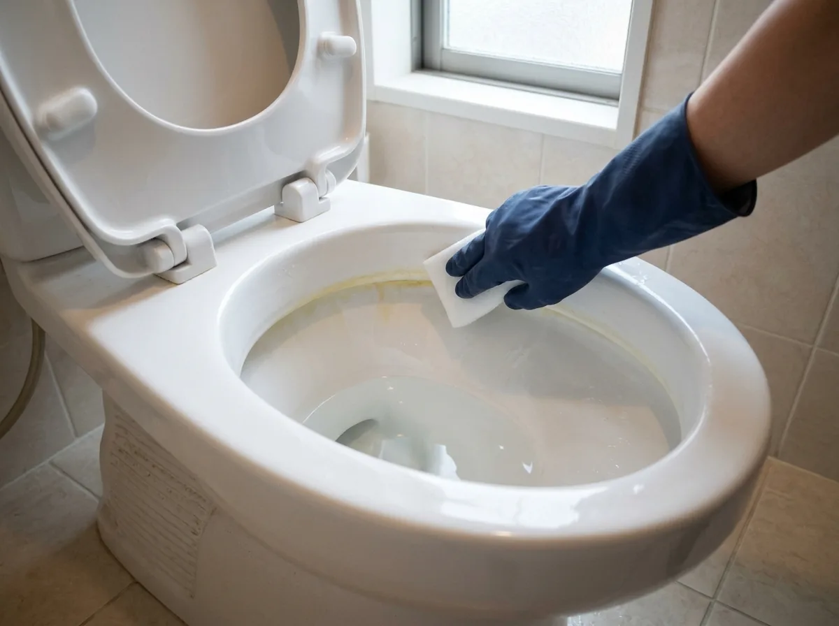 便器の内側、水面の少し上に残った黄色い輪じみを白いパッドでこすっている手元