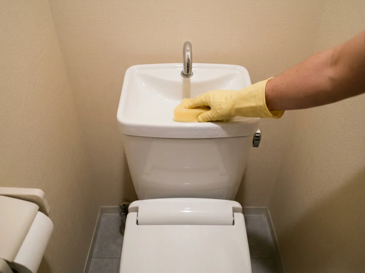 トイレのタンクの上にある手洗いの受け皿を、黄色いスポンジで洗っている手元